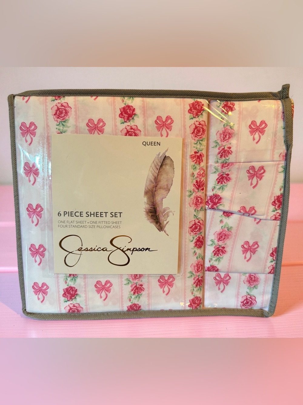 Jessica Simpson NWT Sz Queen Pink Rose & Bow Queen 6-Piece Sheet Set